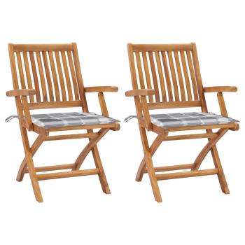 ARDEBO.de - Gartenstühle 2 Stk. Graue Karomuster-Kissen Massivholz Teak