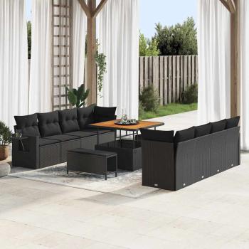 Garten-Sofa-Set mit Kissen mit Speicher mit Kissen 11 pcs Schwarz Poly Rattan