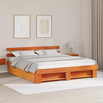 ARDEBO.de - Bettgestell mit Schubladen mit Kopfteil mit Speicher Wachsbraun 200 x 200 cm Massivkiefer