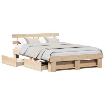 Bettgestell mit Schubladen mit Kopfteil mit Speicher Braun 140 x 200 cm Massivkiefer