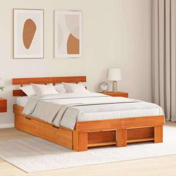 ARDEBO.de - Bettgestell mit Schubladen mit Kopfteil mit Speicher Wachsbraun 120 x 200 cm Massivholz