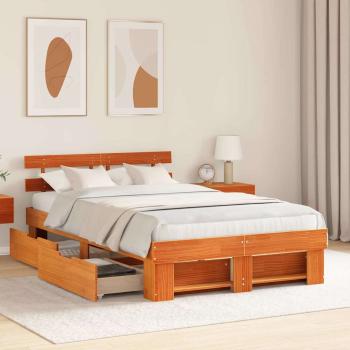 Bettgestell mit Schubladen mit Kopfteil mit Speicher Wachsbraun 120 x 200 cm Massivholz