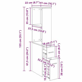 Schmaler Badezimmer-Schrank Schwarze Eiche 22 x 41 x 135 cm