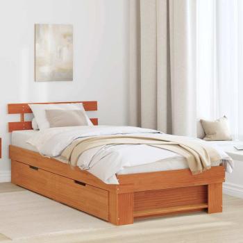 ARDEBO.de - Bettgestell mit Schubladen mit Kopfteil mit Speicher Wachsbraun 90 x 190 cm Massivkiefer