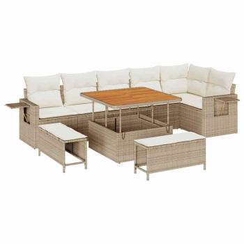 9-teiliges Garten-Sofa-Set mit Kissen, Beige, Poly-Rattan, Akazie