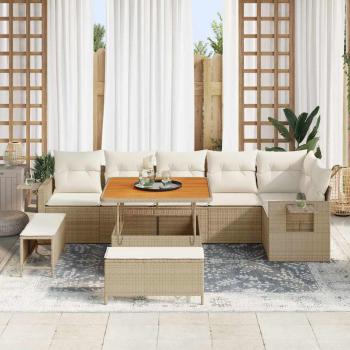 9-teiliges Garten-Sofa-Set mit Kissen, Beige, Poly-Rattan, Akazie