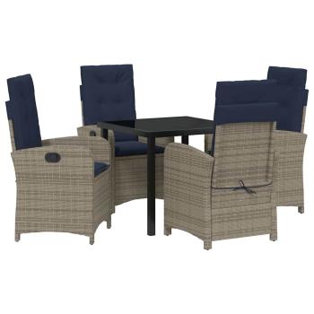ARDEBO.de - 5-teiliges Gartentisch-Set mit grauen Kissen aus Poly-Rattan.