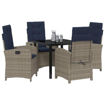 5-teiliges Gartentisch-Set mit grauen Kissen aus Poly-Rattan.