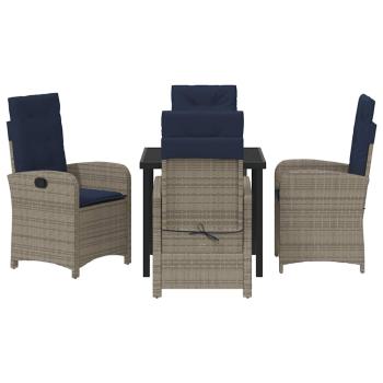 5-teiliges Gartentisch-Set mit grauen Kissen aus Poly-Rattan.