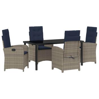 5-teiliges Garten-Esszimmer-Set mit Kissen aus grauem Poly-Rattan.