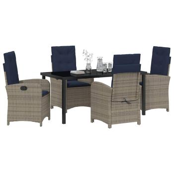 5-teiliges Garten-Esszimmer-Set mit Kissen aus grauem Poly-Rattan.