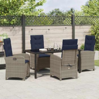 5-teiliges Garten-Esszimmer-Set mit Kissen aus grauem Poly-Rattan.