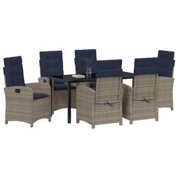 7-teiliges Garten-Esszimmer-Set aus grauem Poly-Rattan mit Kissen