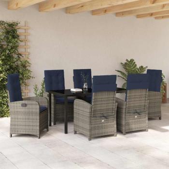 7-teiliges Garten-Esszimmer-Set aus grauem Poly-Rattan mit Kissen