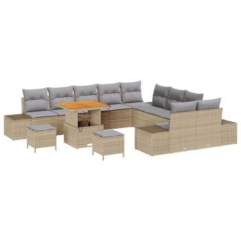 13-tlg. Garten-Sofagarnitur mit Kissen Beige Poly Rattan Akazie