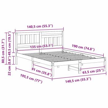 Bettgestell mit Kopfteil Wachsbraun 135 x 190 cm Massivkiefer