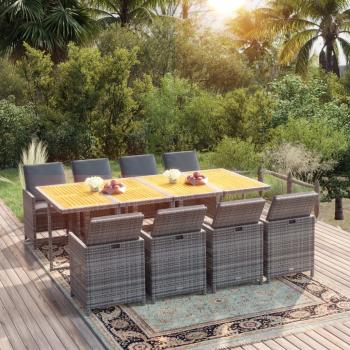 ARDEBO.de - 9-tlg. Garten-Essgruppe mit Auflagen Poly Rattan Grau