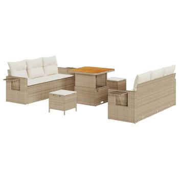 9-teiliges Garten Sofa Set mit Kissen Beige Poly Rattan Akazie
