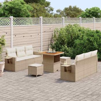 9-teiliges Garten Sofa Set mit Kissen Beige Poly Rattan Akazie