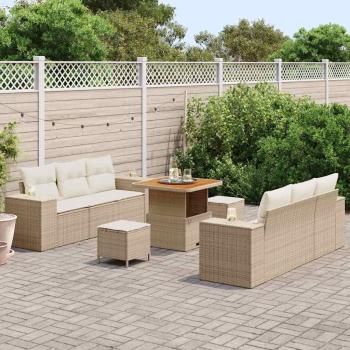 9-tlg. Garten-Sofagarnitur mit Kissen Beige Poly Rattan Akazie