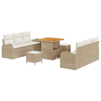 9-teiliges Garten Sofa Set mit Kissen Beige Poly Rattan Akazie