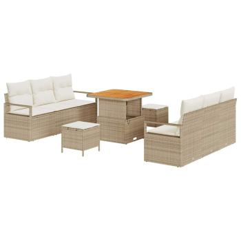 9-teiliges Garten-Sofa-Set mit Kissen in Beige, aus Poly-Rattan und Akazie