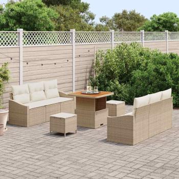 9-teilige Garten-Sofa-Set mit Kissen Beige Poly Rattan Akazie
