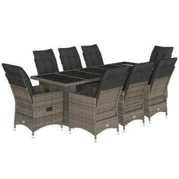 9-tlg. Garten-Bistro-Set mit Kissen Grau Poly Rattan