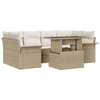 7-teilige Garten Sofaset mit Kissen Beige Poly Rattan