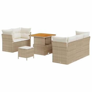 8-teiliges Garten Sofa Set mit Kissen Beige Poly Rattan Akazie