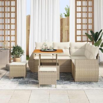 8-tlg. Garten-Sofagarnitur mit Kissen Beige Poly Rattan Akazie