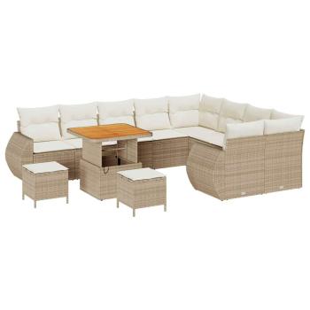 12-tlg. Garten-Sofagarnitur mit Kissen Beige Poly Rattan Akazie