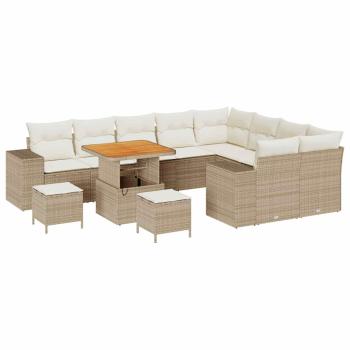 12-teiliges Garten-Sofa-Set mit Kissen Beige Poly Rattan Akazie