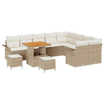 12-teiliges Garten Sofa Set mit Kissen Beige Poly Rattan Akazie