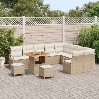 12-tlg. Garten-Sofagarnitur mit Kissen Beige Poly Rattan Akazie