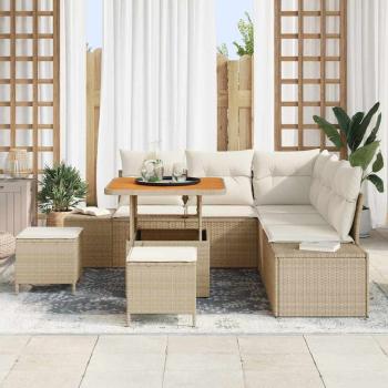 8-teiliges Garten-Sofa-Set mit Kissen in Beige aus Poly Rattan und Akazie