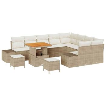 12-teiliges Garten Sofa Set mit Kissen Beige Poly Rattan Akazie