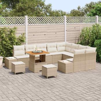 12-teiliges Garten Sofa Set mit Kissen Beige Poly Rattan Akazie