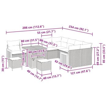 12-teiliges Garten-Sofa-Set mit Kissen Beige Poly Rattan Akazie