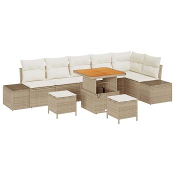 9-teiliges Garten Sofaset mit Kissen Beige Poly Rattan Akazie