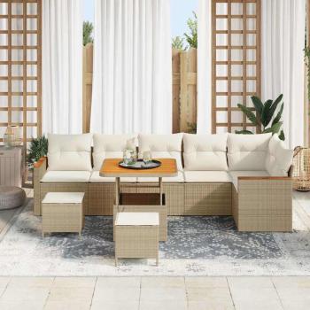 9-teilige Garten-Sofa-Garnitur mit Kissen Beige Poly-Rattan Akazie
