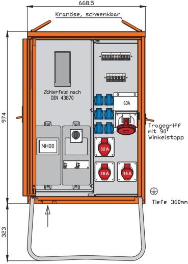 ARDEBO.de Walther Werke WAV0170BR1 Anschlussverteilerschrank 44kVA mit Zählerplatz, 2 RCDs Typ B, 9 LS, 4 CEE-Abgänge 16-63A und 6 Schukos