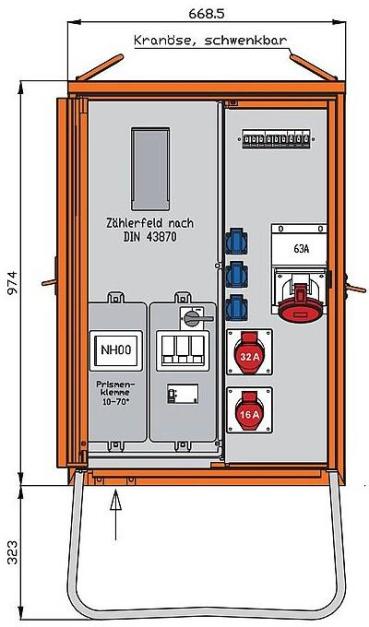 ARDEBO.de Walther Werke WAV0160BR1 Anschlussverteilerschrank 44kVA mit Zählerplatz, RCD Typ B, 5 LS, 3 CEE-Abgänge 16-63A und 3 Schukos