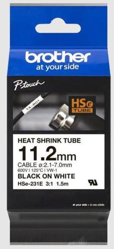ARDEBO.de Brother HSe-231E Pro Tape Schrumpfschlauch, 11,2mm, 1,5m, schwarz auf weiß (HSE231E)