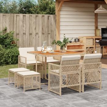 ARDEBO.de - 9-tlg. Garten-Essgruppe mit Kissen Beige Poly Rattan