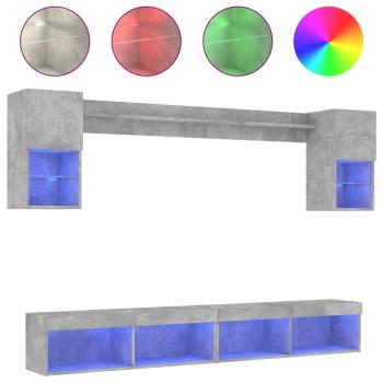 6-tlg. Wohnwand mit LED-Beleuchtung Betongrau Holzwerkstoff