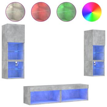 6-tlg. Wohnwand mit LED-Beleuchtung Betongrau Holzwerkstoff