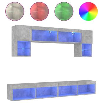 6-tlg. Wohnwand mit LED-Beleuchtung Betongrau Holzwerkstoff