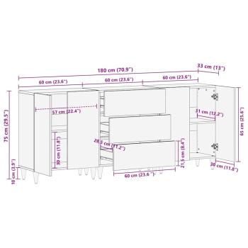 Sideboard Set 3 pcs Braun 180 x 33 x 75 cm Massivholz Mango