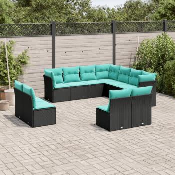 ARDEBO.de - 11-teiliges Gartensofa-Set mit Kissen, schwarzes Polyrattan